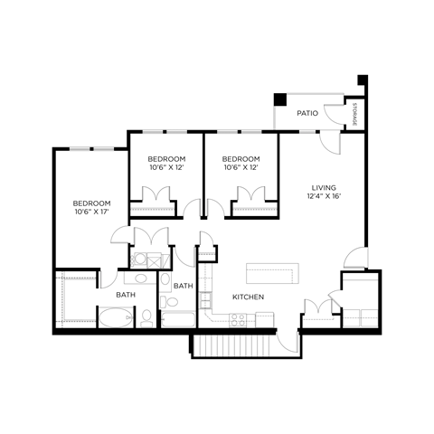 Floor plan for 3 beds, 2 baths, 1323 sqft